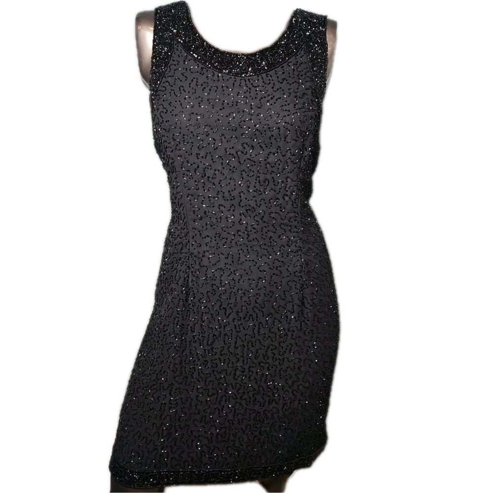 Laurence Kazar Vintage Black Beaded Evening Dress XL Formal Cocktail Gown